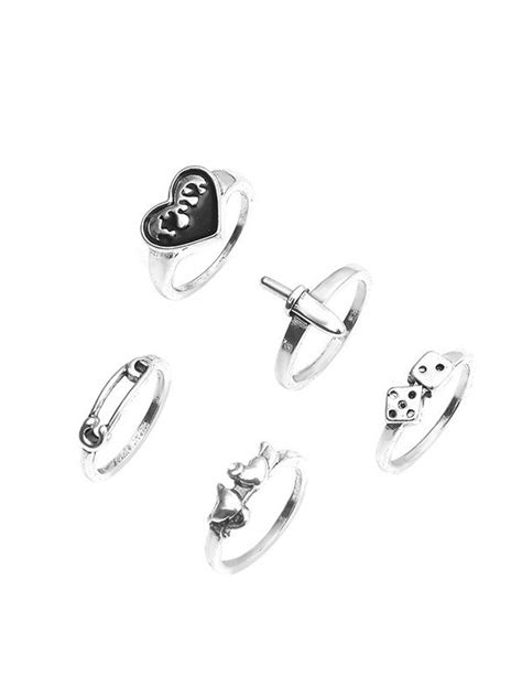 Emmiol Free Shipping 2024 5pcs Y2k Heart Ring Silver One Size In Rings