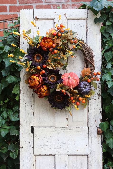 Fall Wreaths For Front Door With Pumpkins Vintage Farmhouse Sunflower