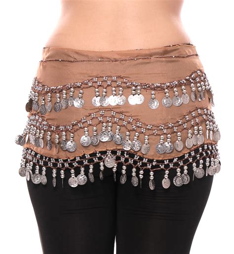 Chiffon Mocha Belly Dance Hip Scarf With Beads And Silver Coins At