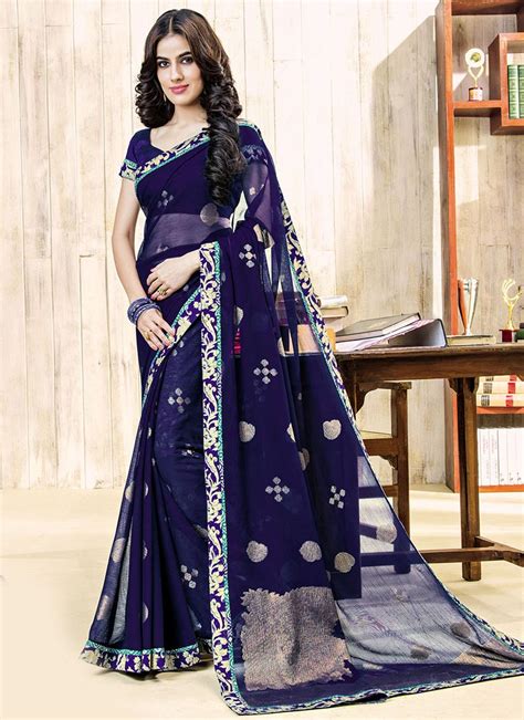 Buy Navy Blue Chiffon Saree Sari Online Shopping Sasprm2332