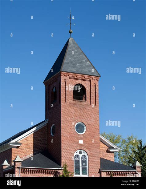 Square Red Brick Church Steeple With Bell Tower Stock Photo Alamy
