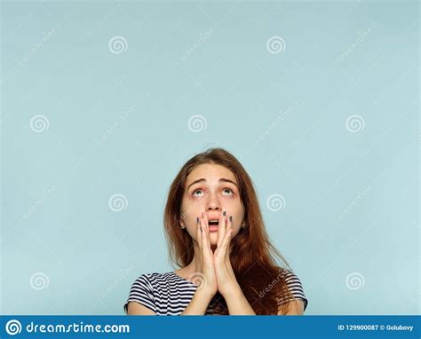 Emotion Overwhelmed Shocked Woman Look Above Stock Image Image Of Copyspace Beautiful 129900087