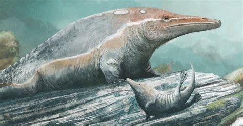 An Artists Rendering Of A Dinosaur On A Log With Another Animal In The