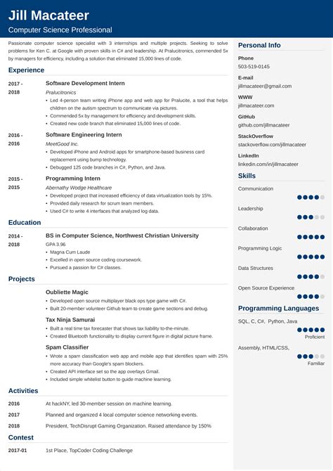 Computer Science Cv Template Cv Resume Templates Examples Doc Word