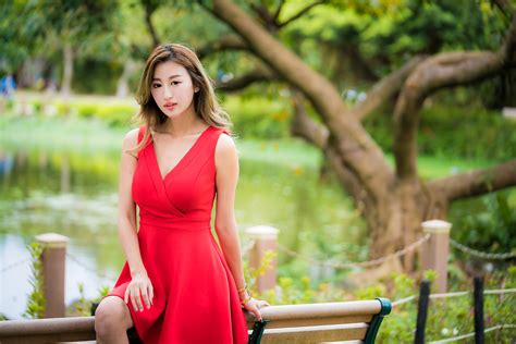 wallpaper asian women model red dress depth of field plants trees sitting bench pond