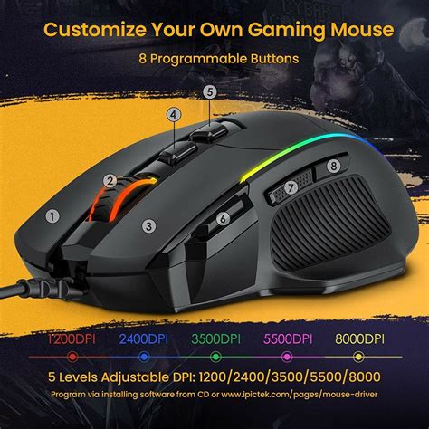 Pictek Gaming Mouse Rgb Backlight Pc278a Wired 8000 Dpi 8 Programmable