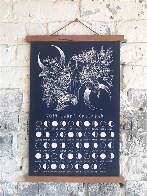 2019 Lunar Calendar Screen Print Moon Phases Calendar Etsy Lunar