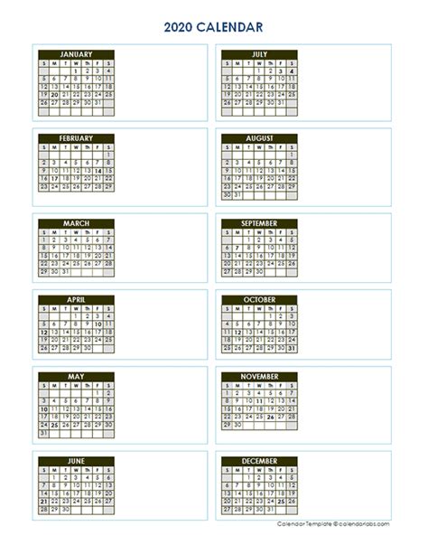2020 Blank Yearly Calendar Vertical Template Free Printable Templates