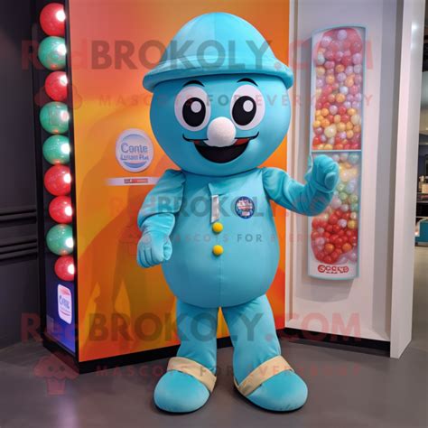 Cyan Gumball Machine Mascot Costume Character Dressed With A Trousers