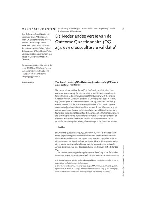Pdf The Dutch Version Of The Outcome Questionnaire Oq 45 A Cross