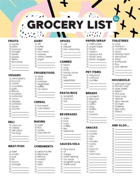 Grocery List Template Printable