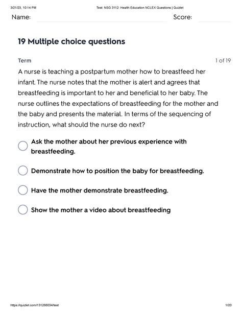 Test NSG 3112 Health Education Nclex Questions Quizlet - Name: Score