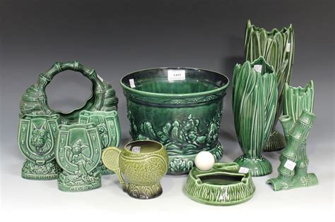 A Large Collection Of Sylvac Green Glazed Pottery Including A Large Rhapsody Range Jardinière