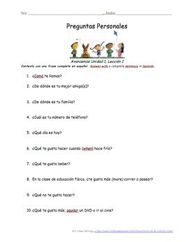 Preguntas Personales Spanish Basic Question Worksheets Avancemos Unidad
