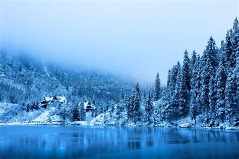 Winter Lake In Snowy Forest In Mountains Scenic Winter Mountain Nature