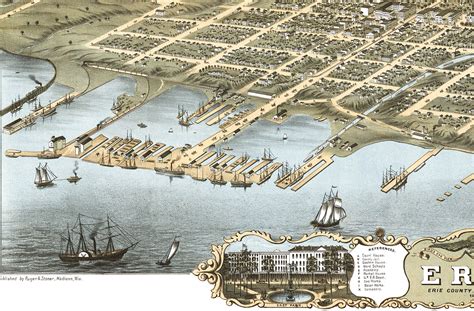 Erie, Pennsylvania in 1870 - Bird's Eye View, Map, Aerial, Panorama