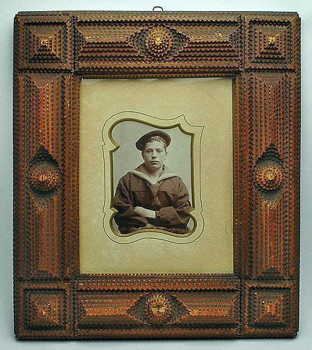 Antique Tramp Art Wooden Frame With Photo Of Young Sailor Seashell