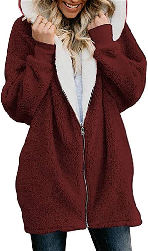 Womens Full Zip Fuzzy Fleece Long Hooded Teddy Jacket Slouchy Wrap