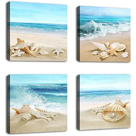 Canvas Wall Art Seashell Starfish On Beach Picture Blue Artwork