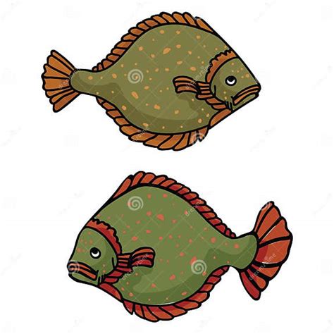 Realistic Flounder Cartoon Vector Illustration Motif Set Hand Drawn
