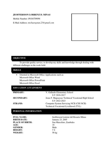 Resume For Work Immersion Student Pdf