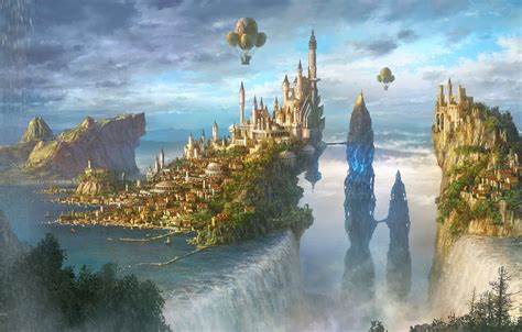 Wallpaper City Fantasy River Sky Trees Landscape Water Mountains