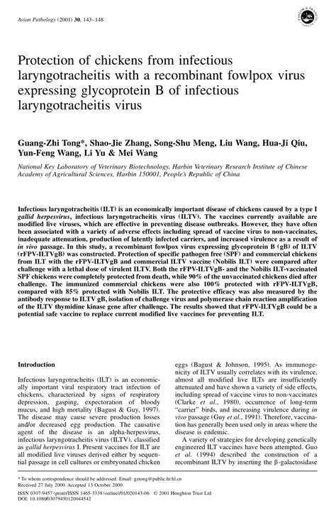 Pdf Protection Of Chickens From Infectious Laryngotracheitis With A