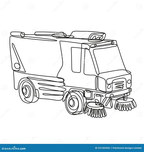 Street Sweeper Or Street Cleaner Truck Side View Continuous Line Drawing Stock Vector