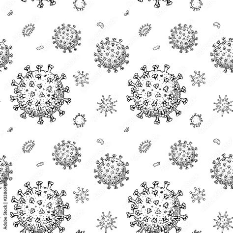 Hand Drawn Coronavirus Seamless Pattern In Sketch Style Microscope