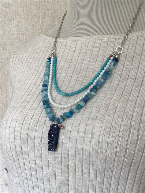 Blue Stone Multi Strand Necklace Beaded Pendant Necklace One Etsy In