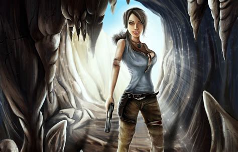 Wallpaper girl, light, gun, art, Tomb Raider, cave, lara croft images ...