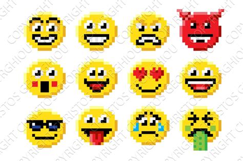 Pixel Art Emoji Emoticon Set Emoji Icons Creative Market