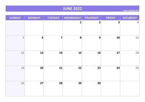 Free Printable Calendar For June 2022