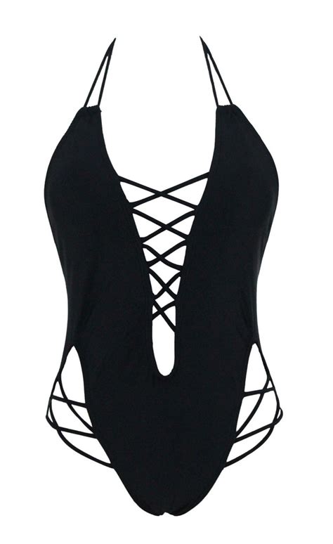 Black Lace Up Detail One Piece Swimsuit Swimwear Swimsuits One Piece
