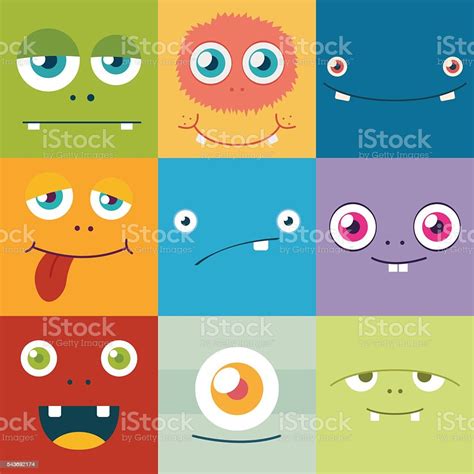 Cartoon Monster Faces Vector Set Cute Square Avatars And Icons Stock