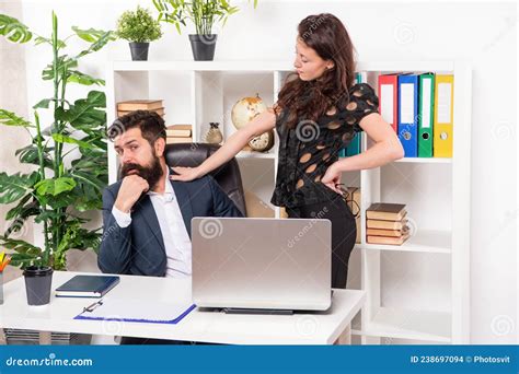 Woman Boss Touching And Harassing Man Secretary Working In Office