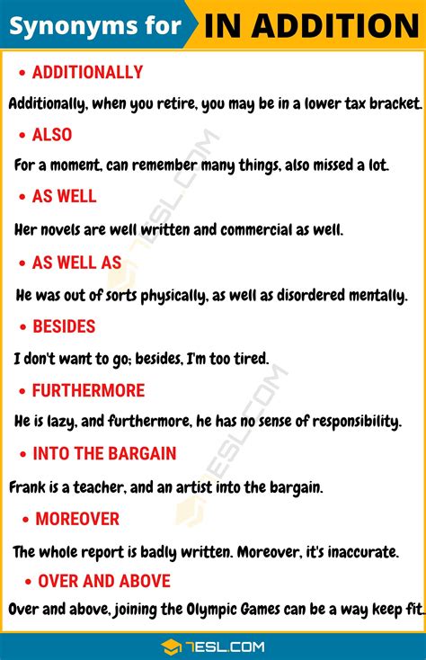 Look through examples of in addition translation in sentences, listen to pronunciation and learn grammar. 80+ Other Ways To Say "In Addition" | IN ADDITION Synonym ...