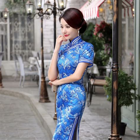 chinese traditional women s satin long cheongsam dress mandarin collar qipao summer casual
