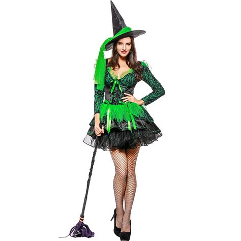 Halloween Sexy Green Witch Costume Party Dress Black Witch Hat Women