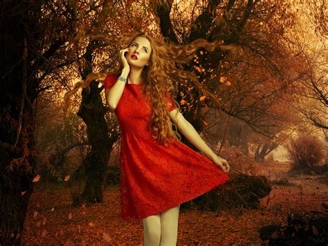 Red Dress Girl Autumn Leaves Trees Wallpaper Girls Wallpaper Better