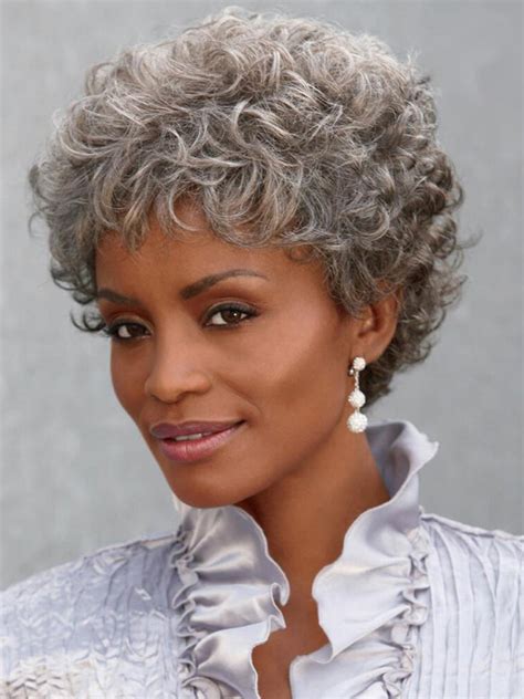 This sweet short haircut for curly hair has a ton of versatility. Old women grey curly short hair cap wigs