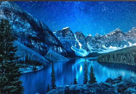 Moraine Lake Banff National Park Under A Very Starry Night Sky An