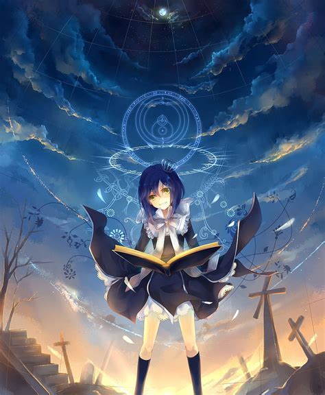 Clouds Blue Hair Books Magic Yellow Eyes Crowns Crows Skyscapes Anime