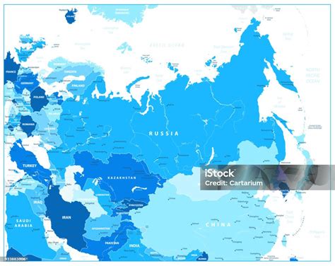 Mapa Polityczna Eurazji W Odcieniach Niebieskiego Stockowe Grafiki