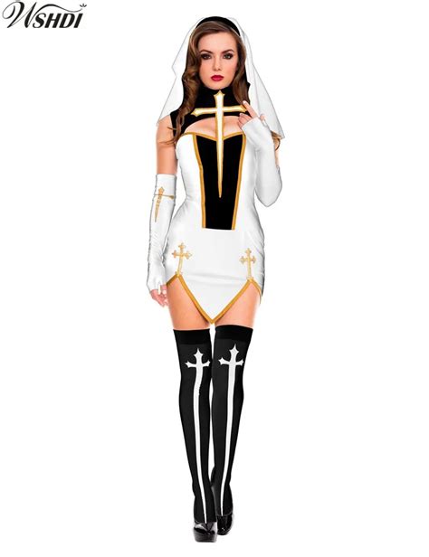 New Sexy Nun Costume Adult Women Cosplay With Stockings White Hoodie For Halloween Sister