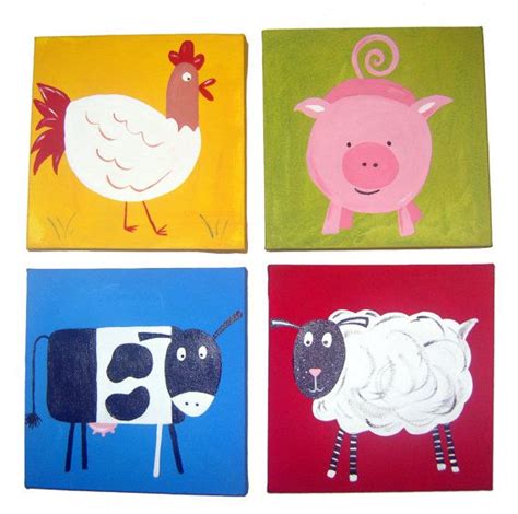 Kids Farm Animal Art Paintings On Canvas X 4 Nursery Decor Etsy Cow