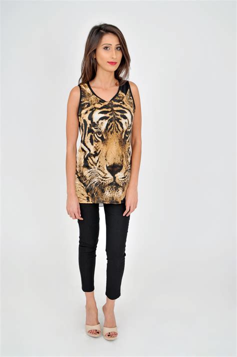 Sexy Fashion Tiger Printed T Shirt Chiffon Vest Casual Leopard Splicing