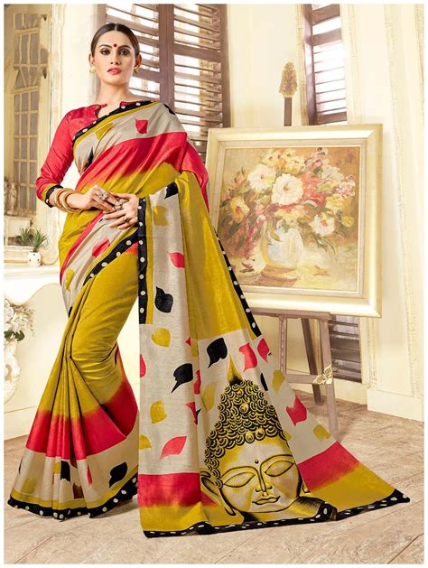 Buy Sareemall Peach And Mustard Casual Bhagalpuri Silk Floral Saree With Unstitched Blouse Online
