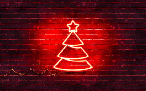 Download Wallpapers Red Neon Christmas Tree 4k Red Brickwall Happy