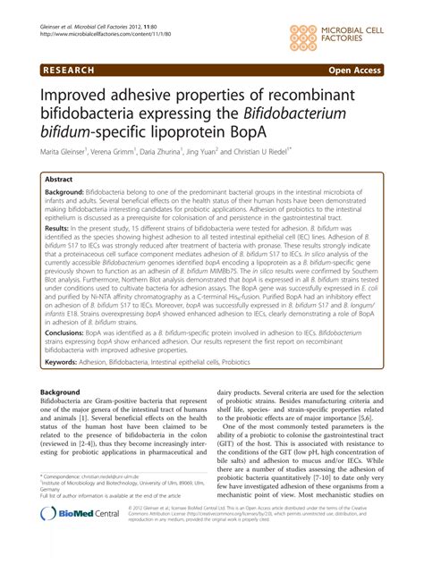 Pdf Improved Adhesive Properties Of Recombinant Bifidobacteria